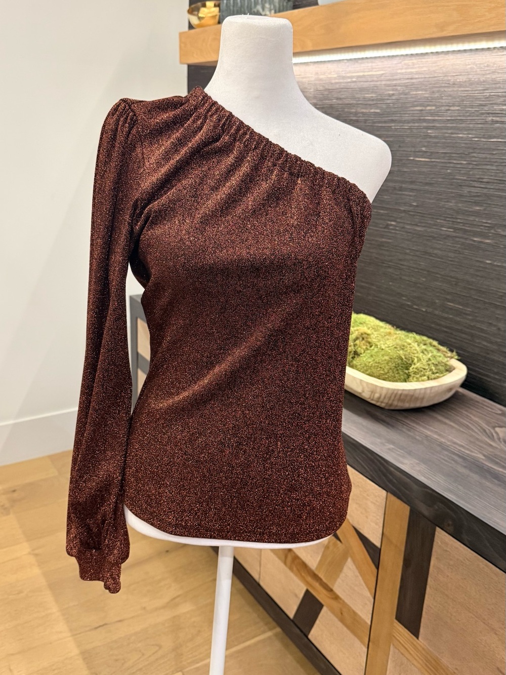 Asymmetrical Shimmer One-Shoulder Blouse in Copper
